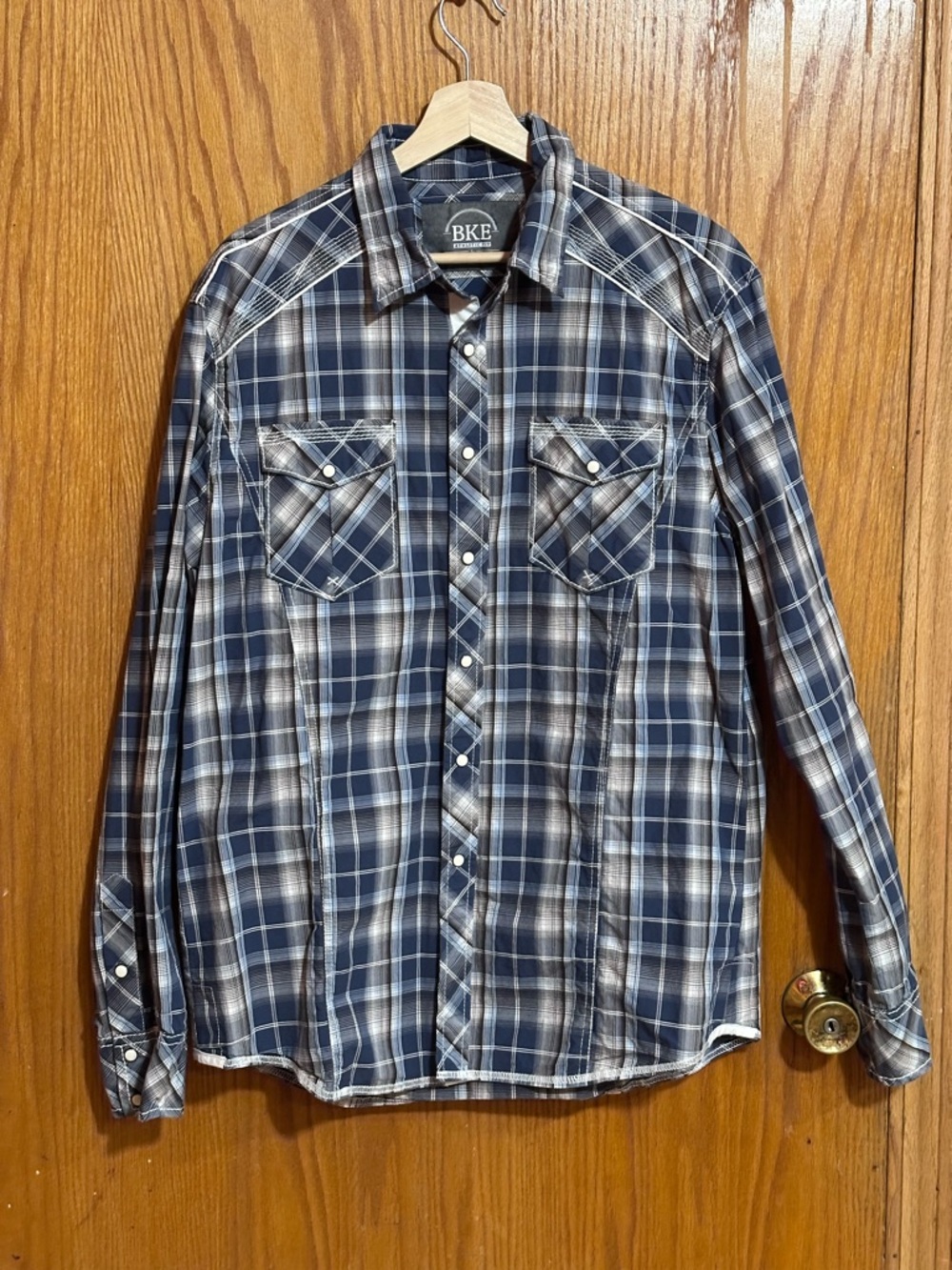 BKE Men's Navy and Gray‎ Plaid Western Button-Down Shirt sz large athletic fit